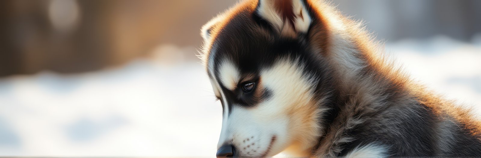 Cute Adorable Siberian Husky Puppy Close-Up Portrait in Snowy Outdoor Setting with Playful Expression